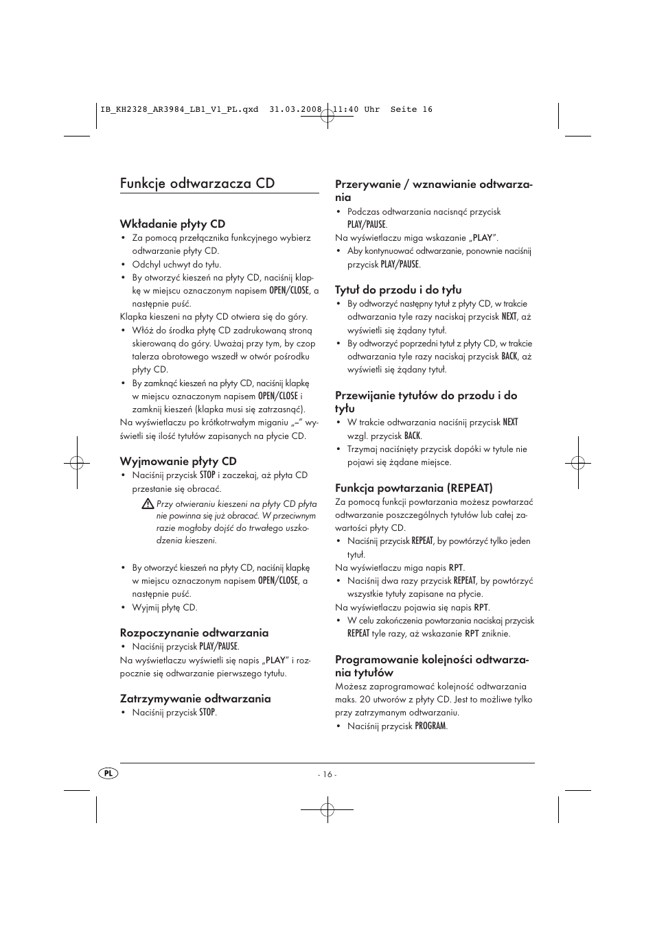 Funkcje odtwarzacza cd | Kompernass KH 2328 User Manual | Page 18 / 46