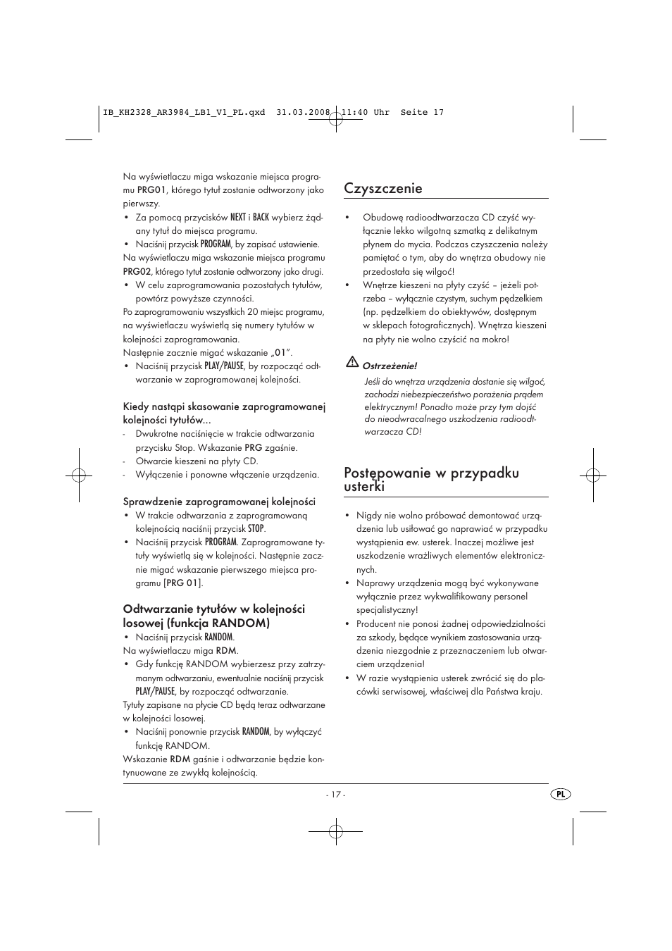 Czyszczenie, Postępowanie w przypadku usterki | Kompernass KH 2328 User Manual | Page 19 / 46