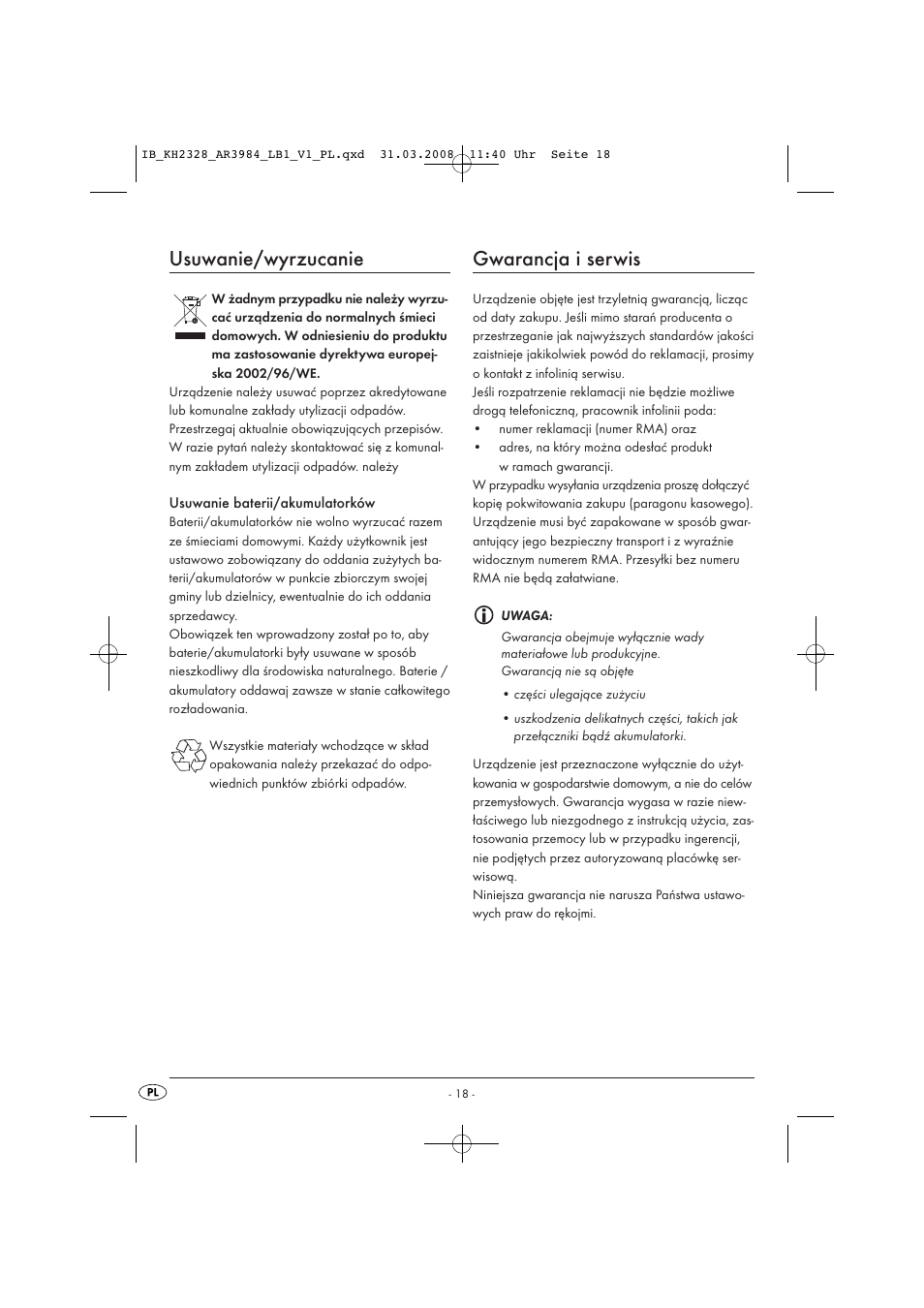 Usuwanie/wyrzucanie, Gwarancja i serwis | Kompernass KH 2328 User Manual | Page 20 / 46