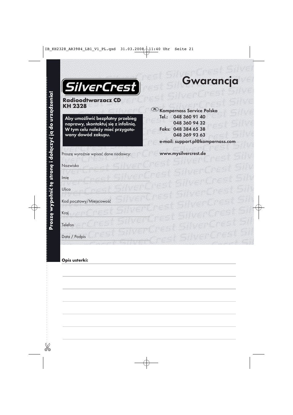 Gwarancja | Kompernass KH 2328 User Manual | Page 23 / 46