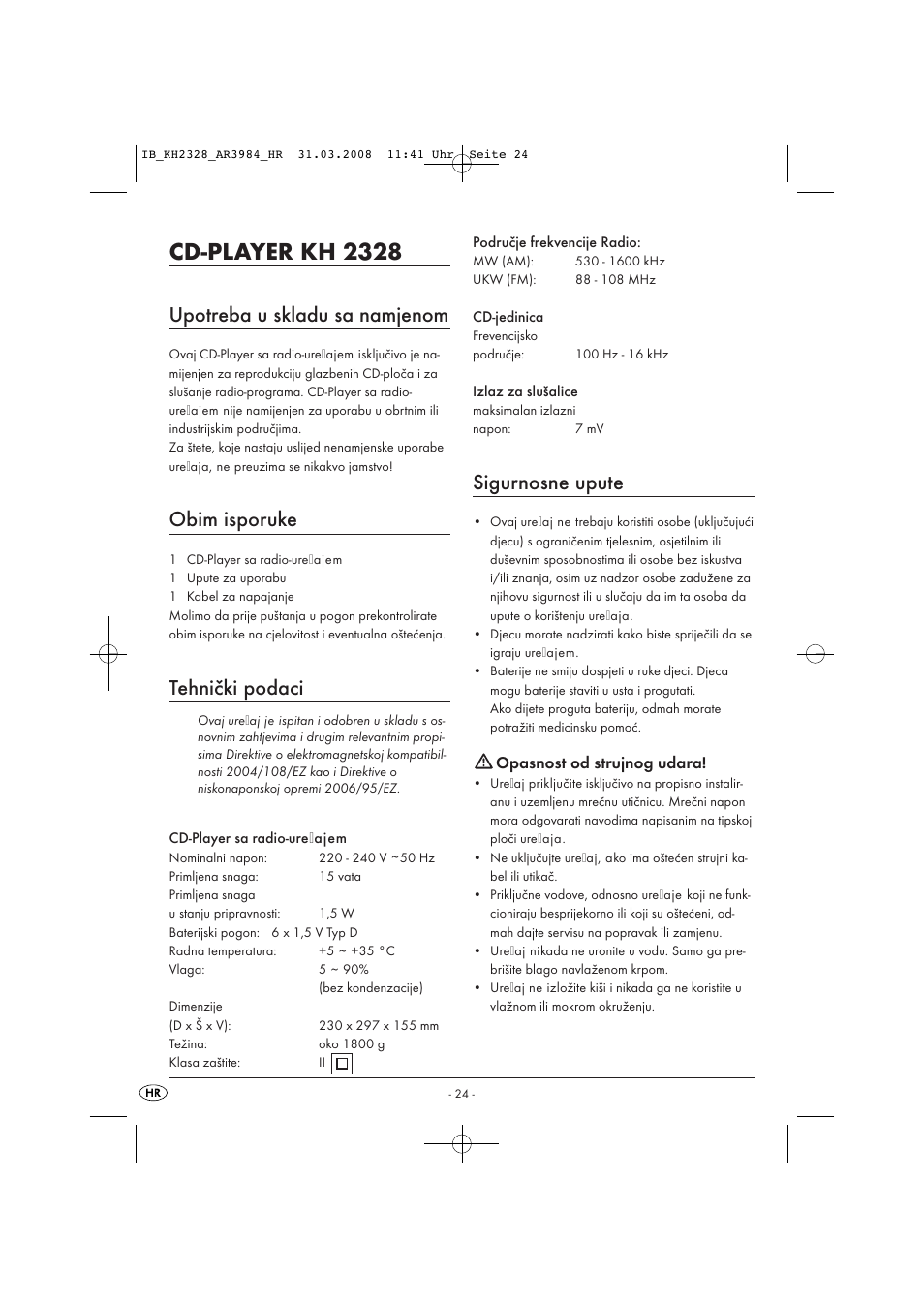 Cd-player kh 2328, Upotreba u skladu sa namjenom, Obim isporuke | Tehnički podaci, Sigurnosne upute | Kompernass KH 2328 User Manual | Page 26 / 46