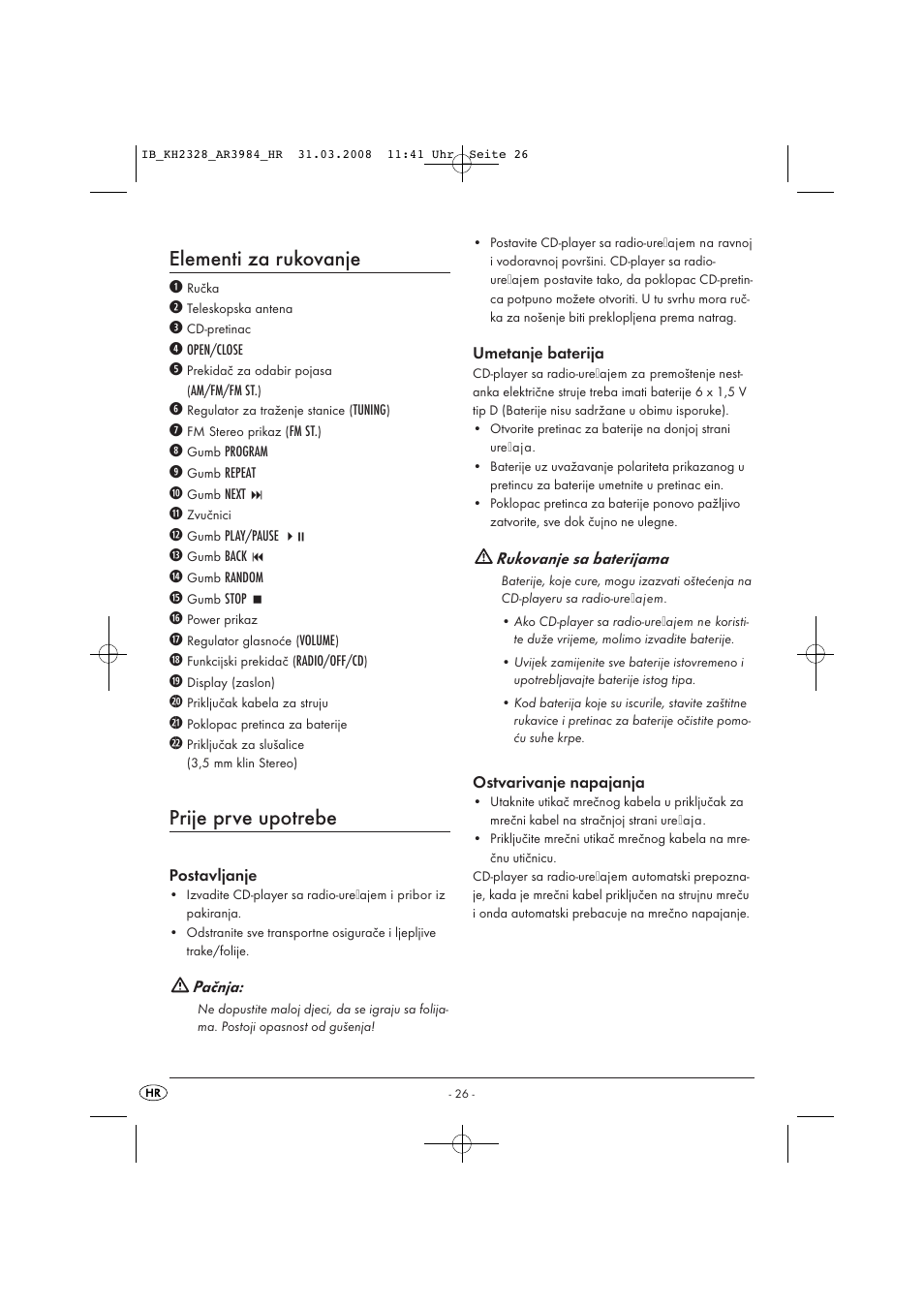Elementi za rukovanje, Prije prve upotrebe | Kompernass KH 2328 User Manual | Page 28 / 46