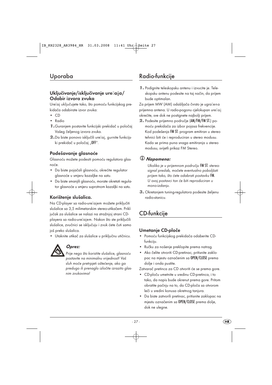 Uporaba, Radio-funkcije, Cd-funkcije | Kompernass KH 2328 User Manual | Page 29 / 46