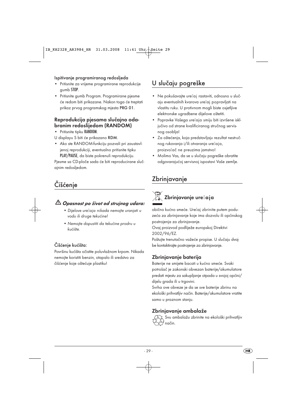 Čišćenje, U slučaju pogreške, Zbrinjavanje | Kompernass KH 2328 User Manual | Page 31 / 46