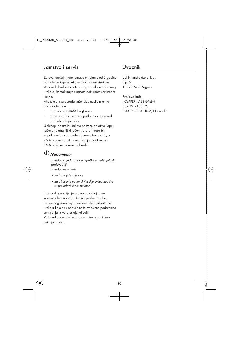 Jamstvo i servis, Uvoznik | Kompernass KH 2328 User Manual | Page 32 / 46