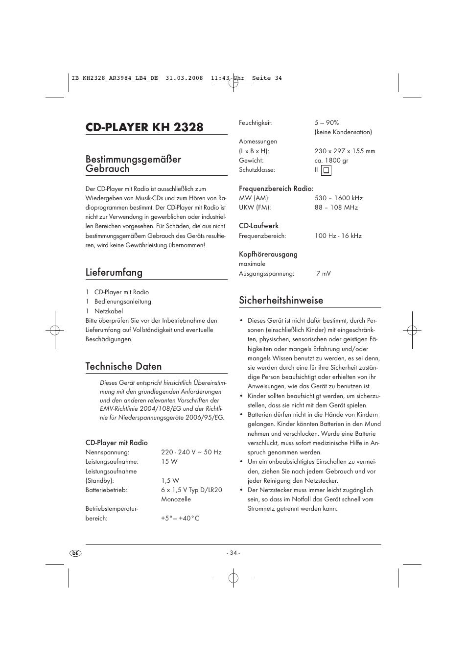 Cd-player kh 2328, Bestimmungsgemäßer gebrauch, Lieferumfang | Technische daten, Sicherheitshinweise | Kompernass KH 2328 User Manual | Page 36 / 46