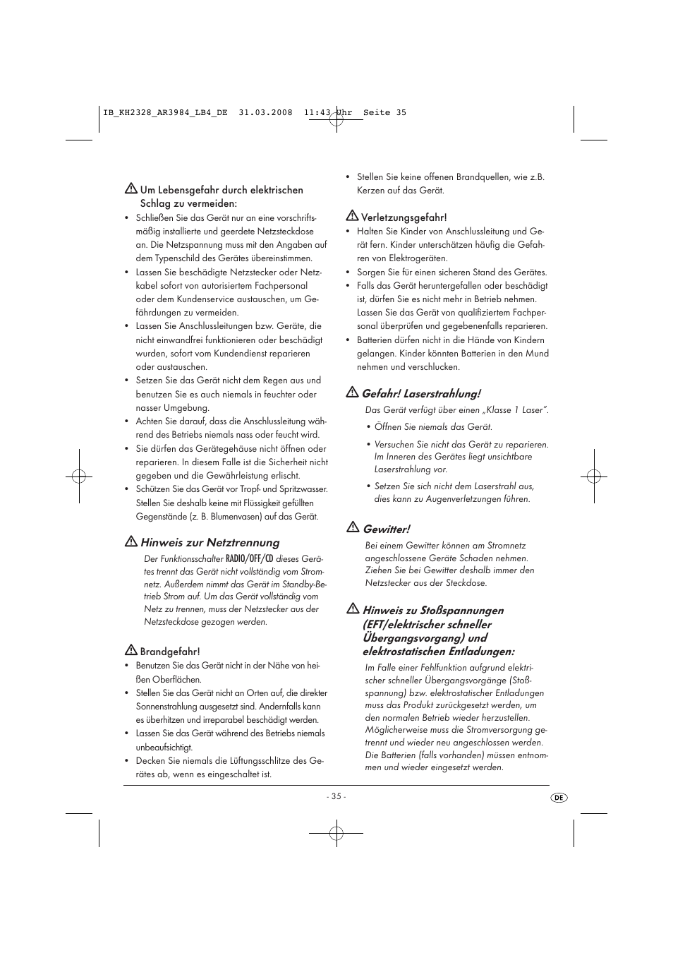 Hinweis zur netztrennung, Gefahr! laserstrahlung, Gewitter | Kompernass KH 2328 User Manual | Page 37 / 46