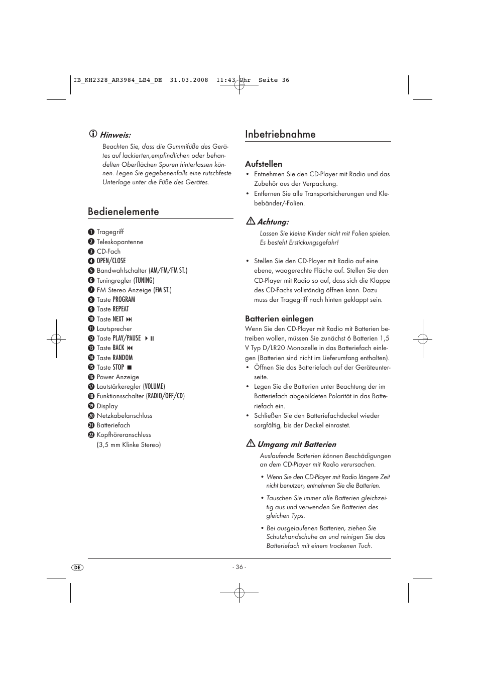 Bedienelemente, Inbetriebnahme | Kompernass KH 2328 User Manual | Page 38 / 46