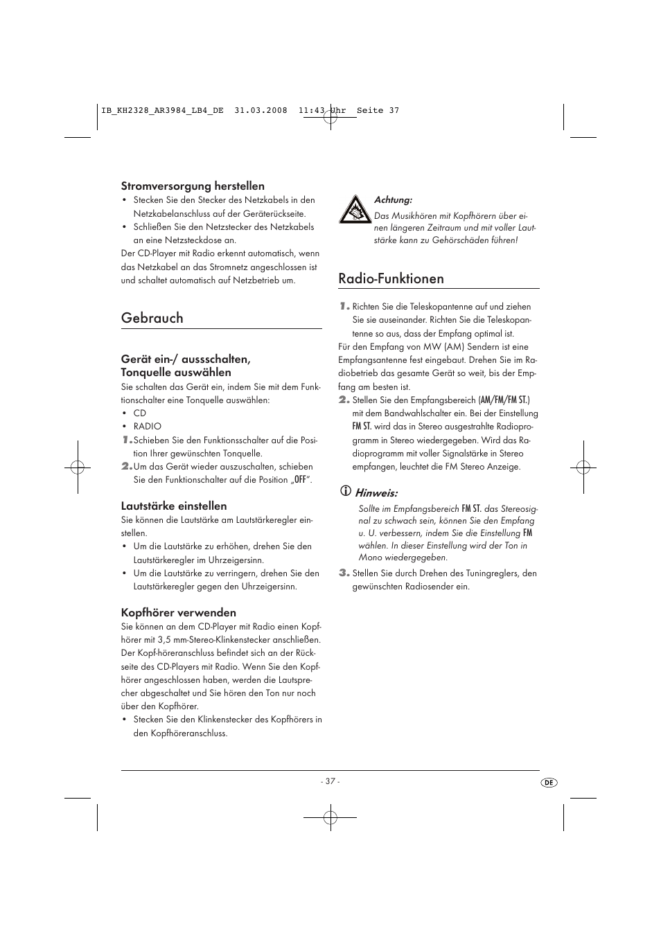 Gebrauch, Radio-funktionen | Kompernass KH 2328 User Manual | Page 39 / 46