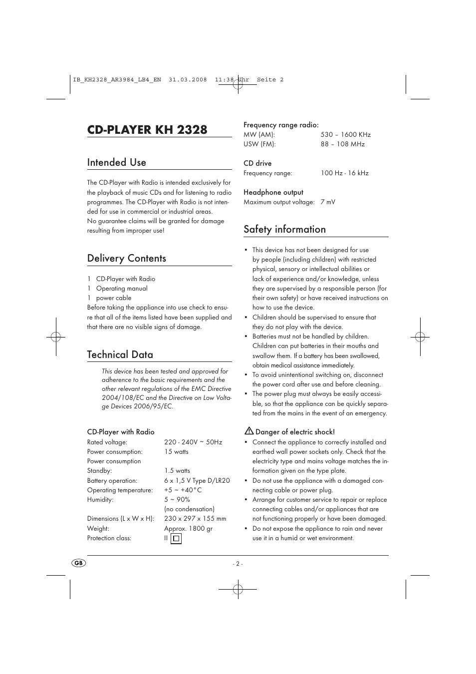 Cd-player kh 2328, Intended use, Delivery contents | Technical data, Safety information | Kompernass KH 2328 User Manual | Page 4 / 46
