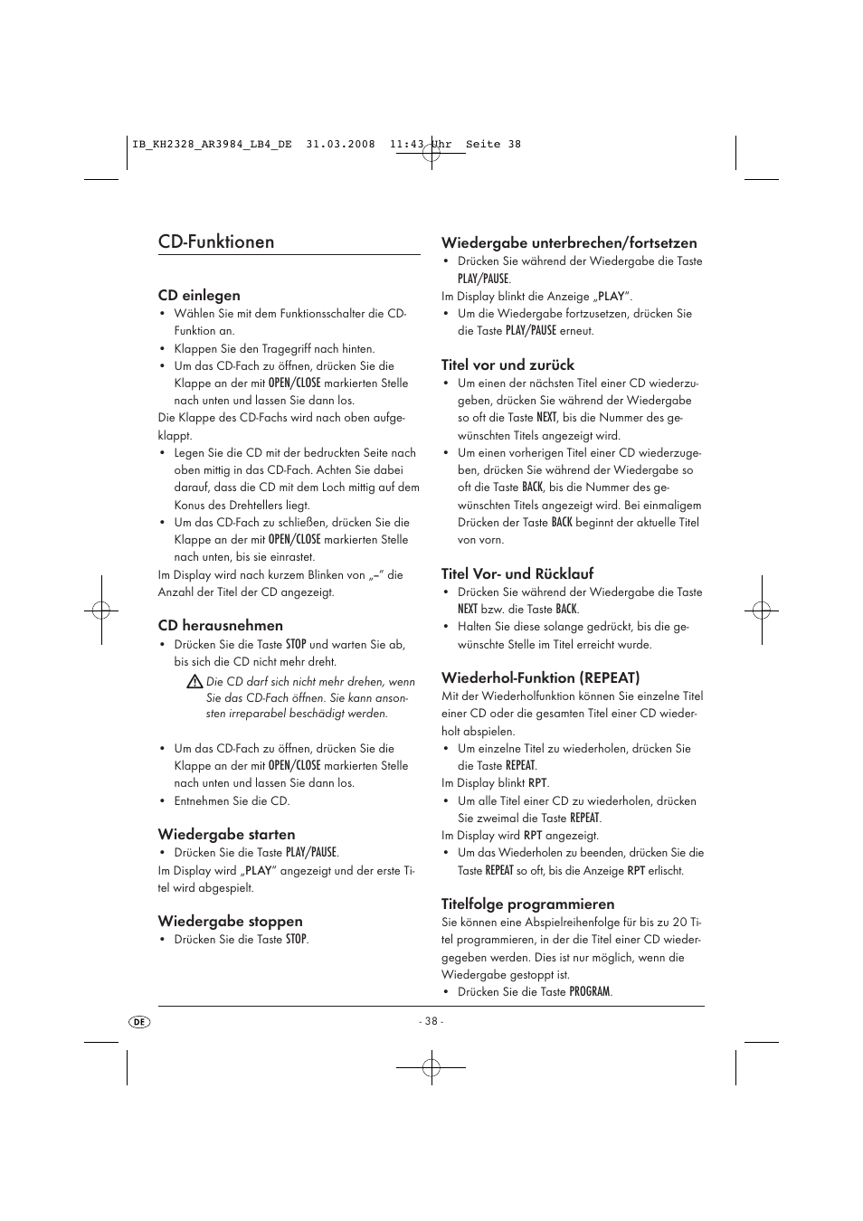 Cd-funktionen | Kompernass KH 2328 User Manual | Page 40 / 46