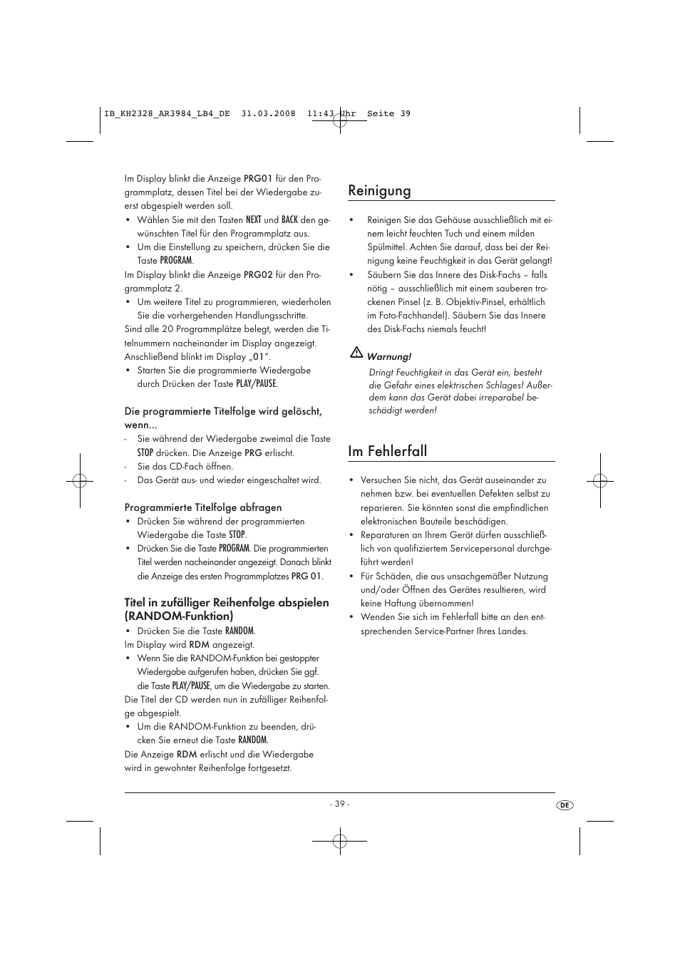 Reinigung, Im fehlerfall | Kompernass KH 2328 User Manual | Page 41 / 46