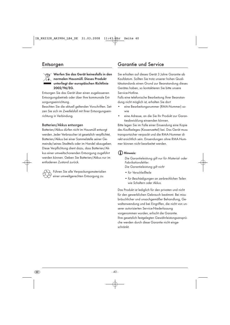 Entsorgen, Garantie und service | Kompernass KH 2328 User Manual | Page 42 / 46