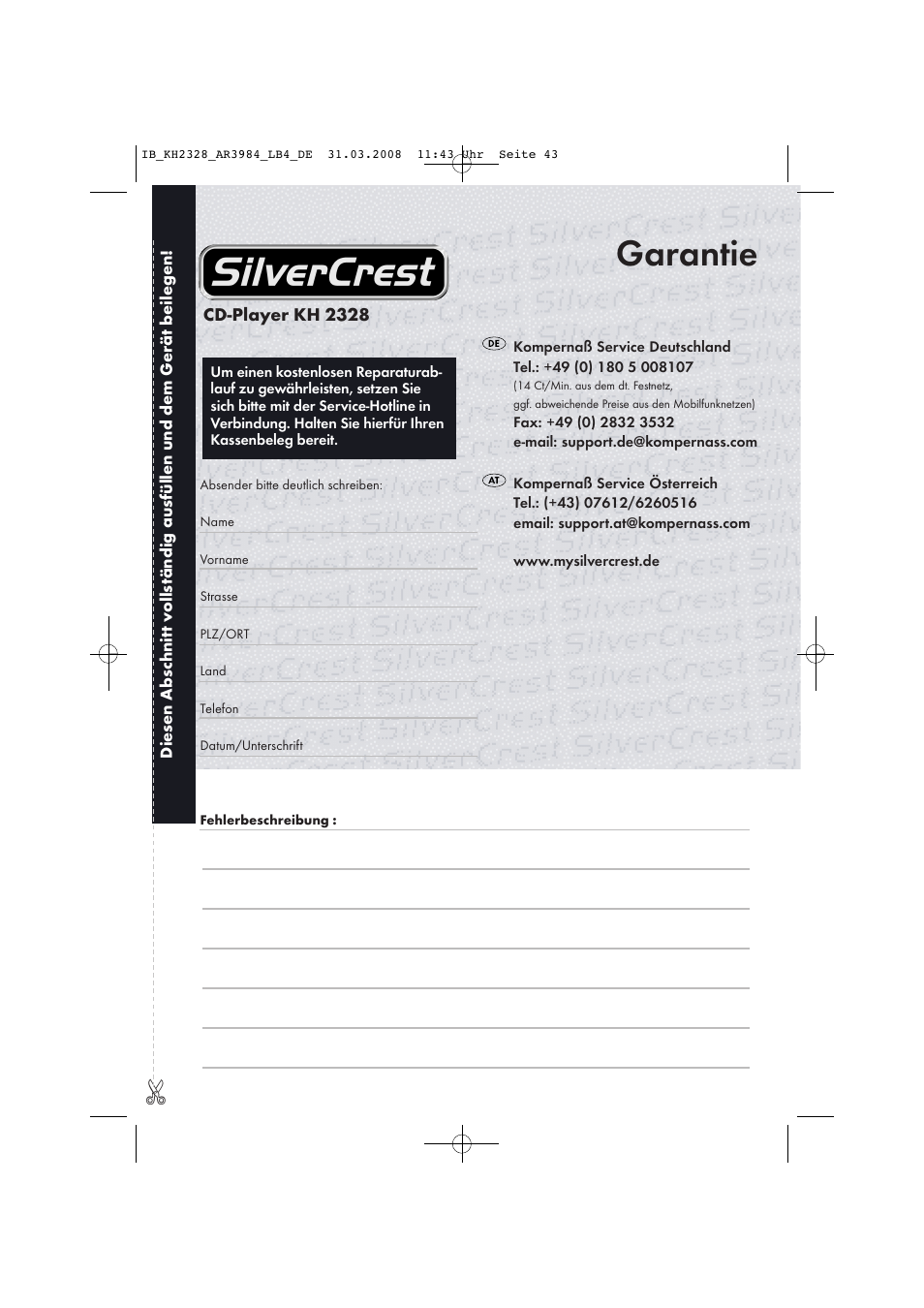 Garantie | Kompernass KH 2328 User Manual | Page 45 / 46