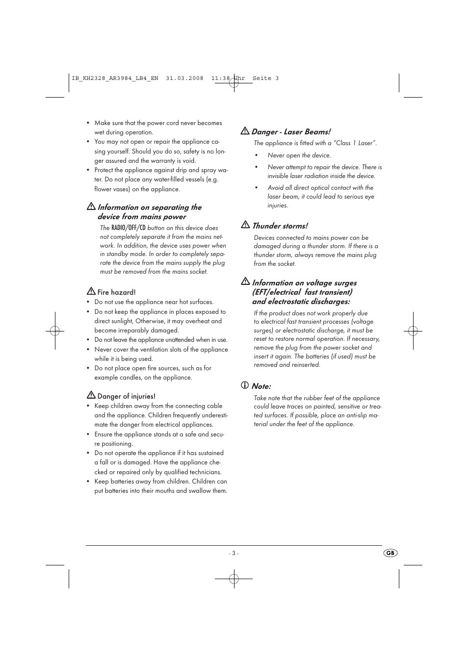 Danger - laser beams, Thunder storms | Kompernass KH 2328 User Manual | Page 5 / 46
