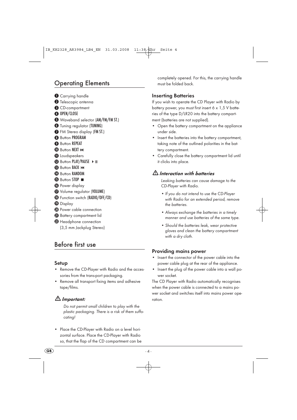 Operating elements, Before first use | Kompernass KH 2328 User Manual | Page 6 / 46