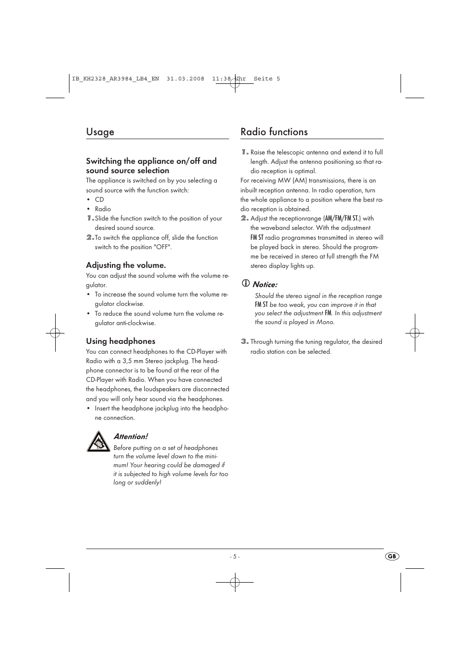 Radio functions, Usage | Kompernass KH 2328 User Manual | Page 7 / 46