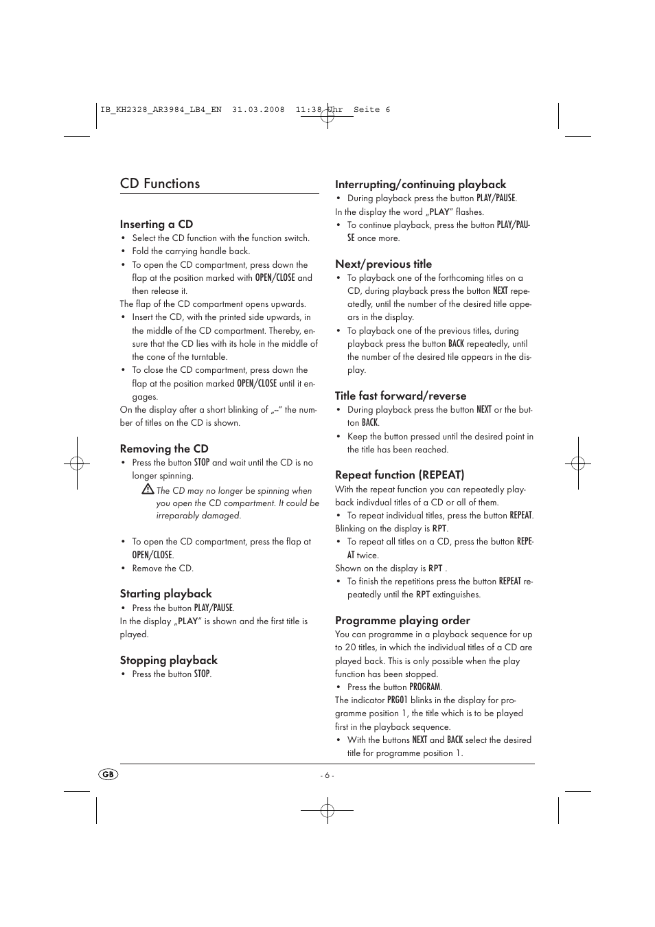 Cd functions | Kompernass KH 2328 User Manual | Page 8 / 46
