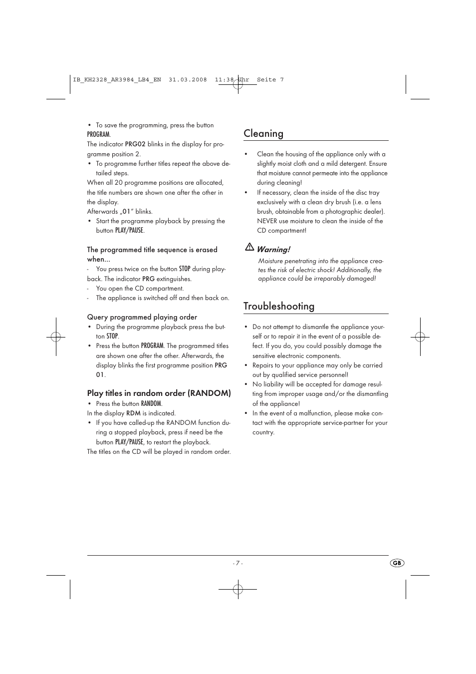 Cleaning, Troubleshooting | Kompernass KH 2328 User Manual | Page 9 / 46