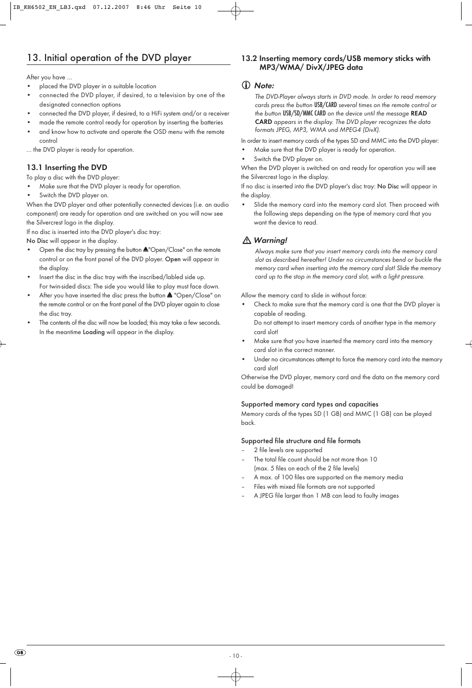 Initial operation of the dvd player, Warning | Kompernass KH 6502 User Manual | Page 12 / 46