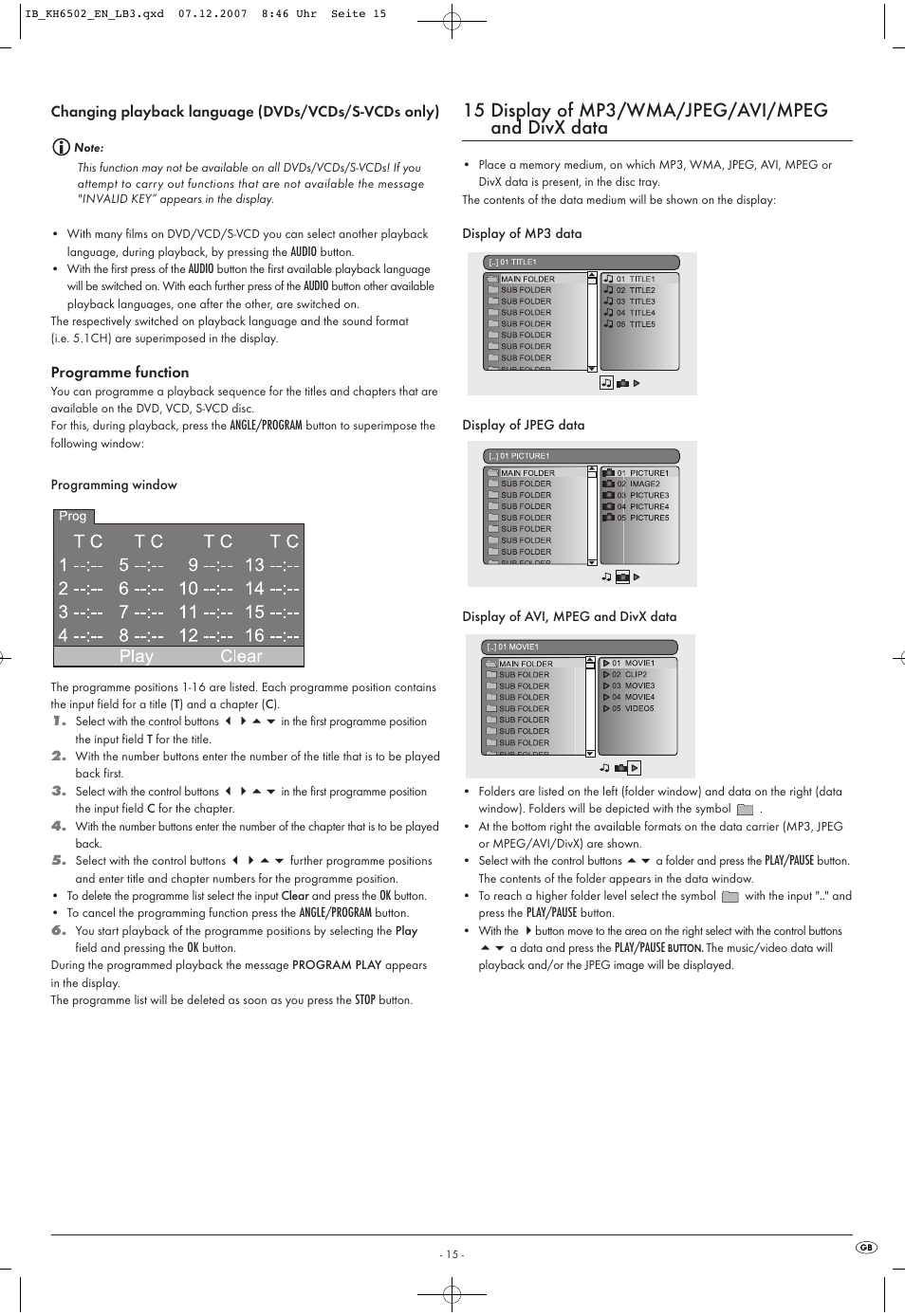 15 display of mp3/wma/jpeg/avi/mpeg and divx data | Kompernass KH 6502 User Manual | Page 17 / 46