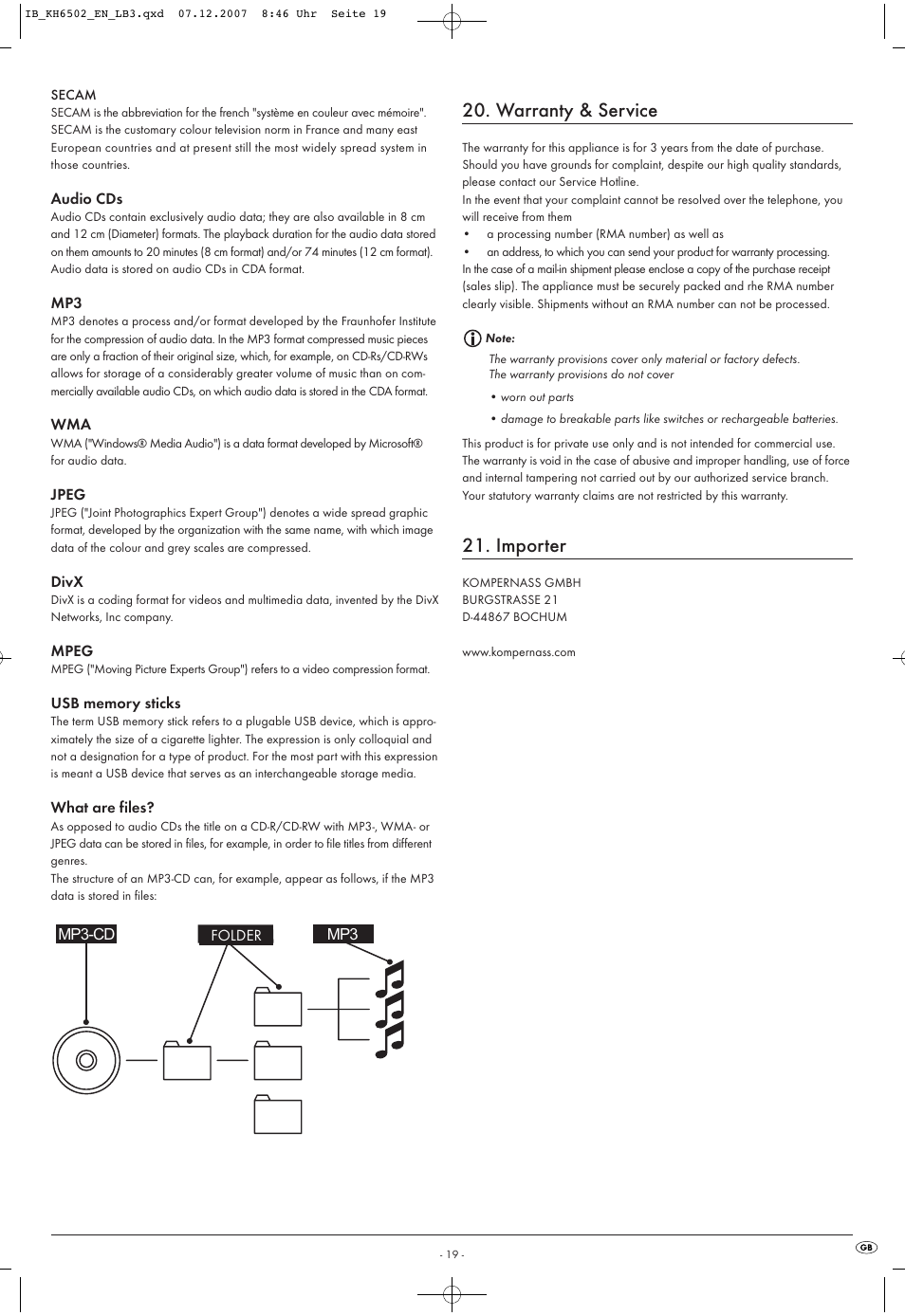 Warranty & service, Importer, Ordner | Kompernass KH 6502 User Manual | Page 21 / 46
