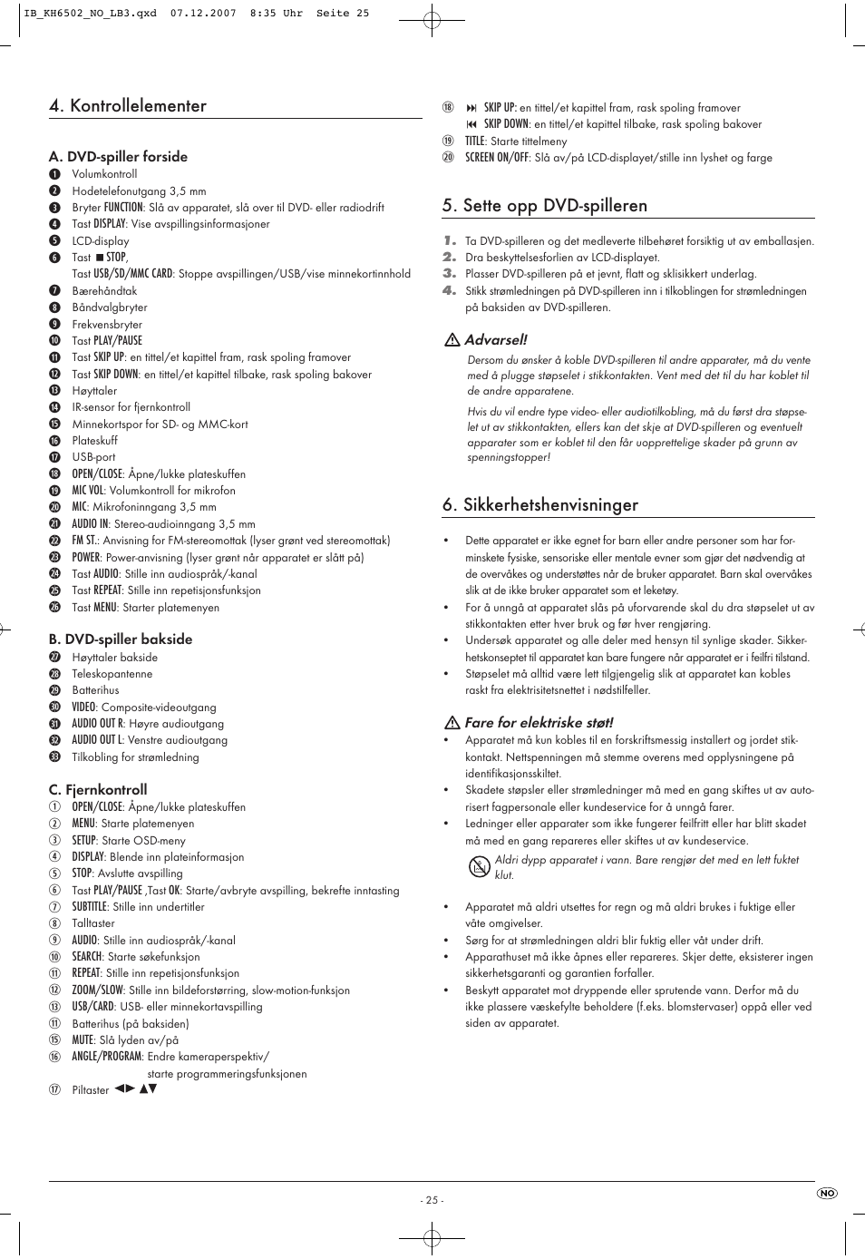 Kontrollelementer, Sette opp dvd-spilleren, Sikkerhetshenvisninger | Kompernass KH 6502 User Manual | Page 27 / 46