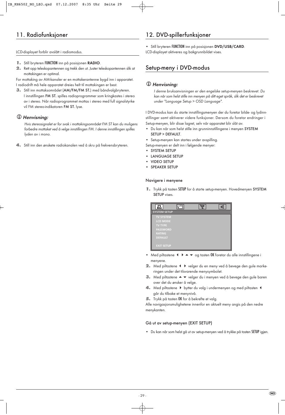 Radiofunksjoner, Dvd-spillerfunksjoner, Setup-meny i dvd-modus | Henvisning | Kompernass KH 6502 User Manual | Page 31 / 46