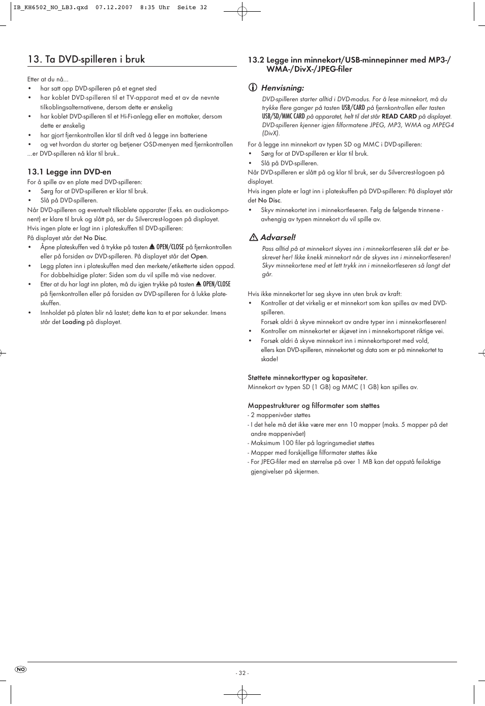 Ta dvd-spilleren i bruk | Kompernass KH 6502 User Manual | Page 34 / 46