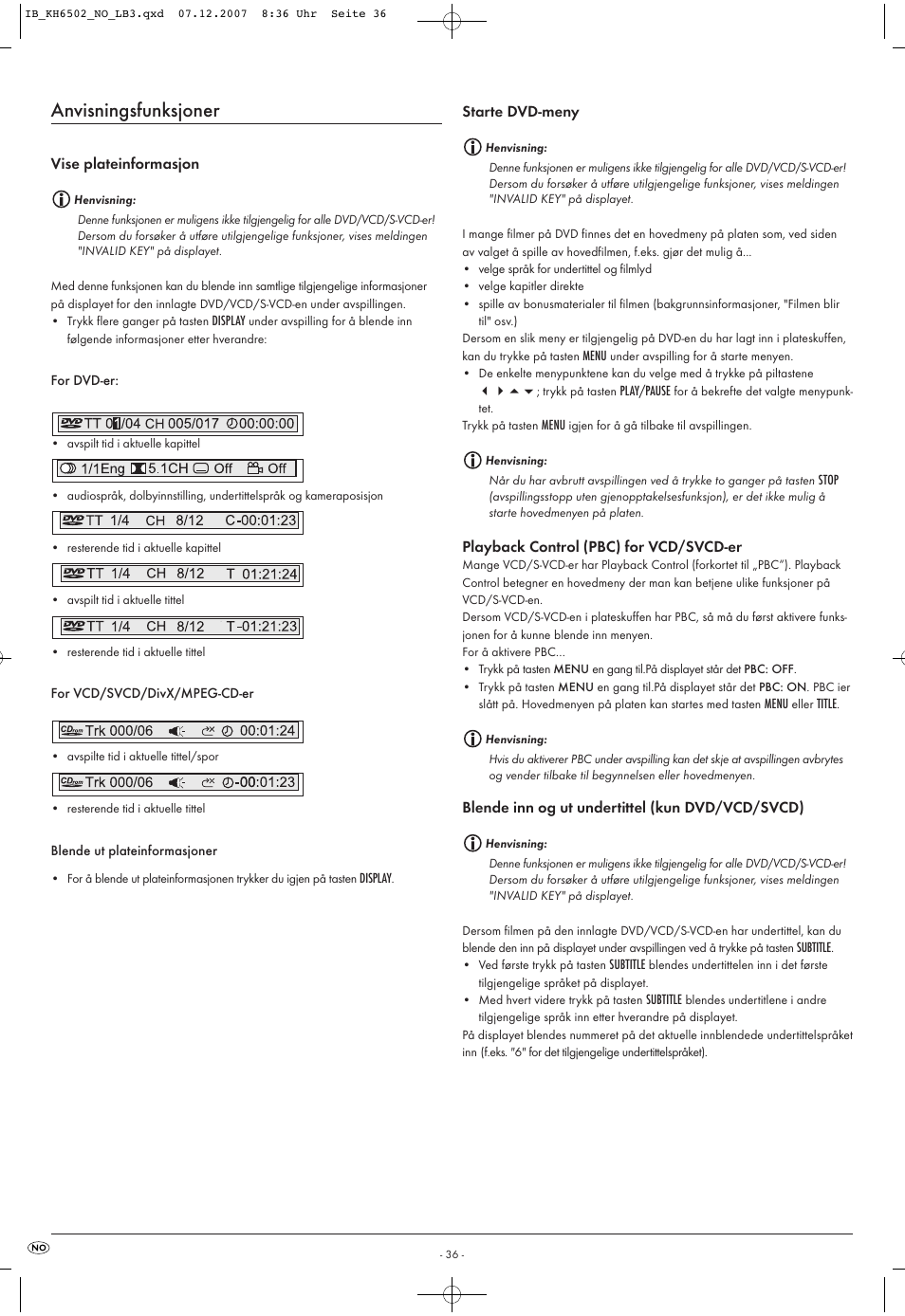 Anvisningsfunksjoner | Kompernass KH 6502 User Manual | Page 38 / 46