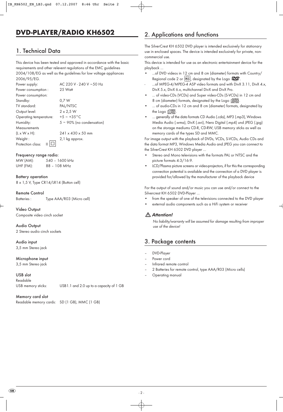 Dvd-player/radio kh6502, Technical data, Applications and functions | Package contents | Kompernass KH 6502 User Manual | Page 4 / 46