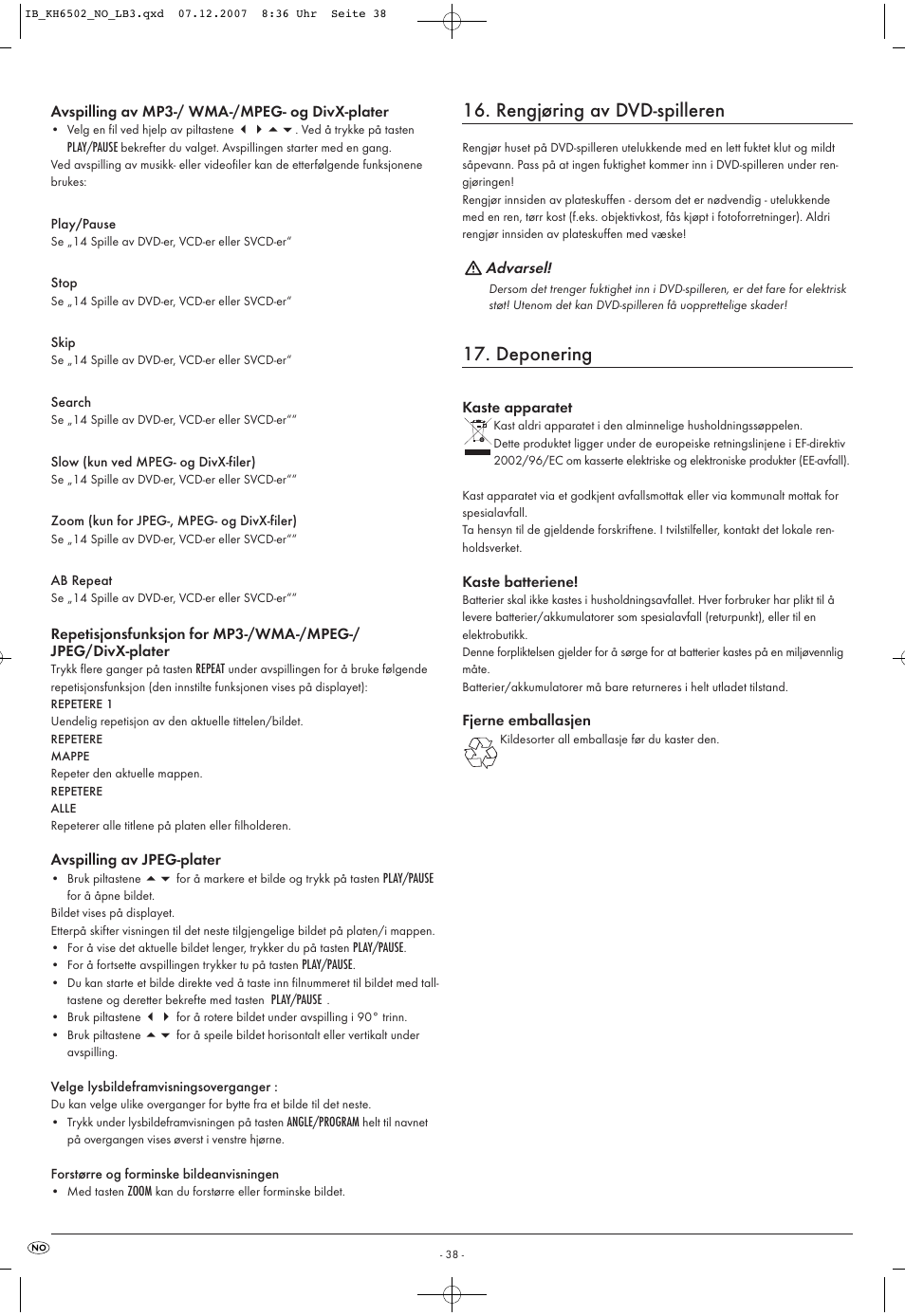 Rengjøring av dvd-spilleren, Deponering | Kompernass KH 6502 User Manual | Page 40 / 46