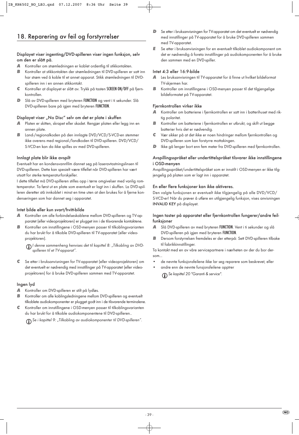 Reparering av feil og forstyrrelser | Kompernass KH 6502 User Manual | Page 41 / 46