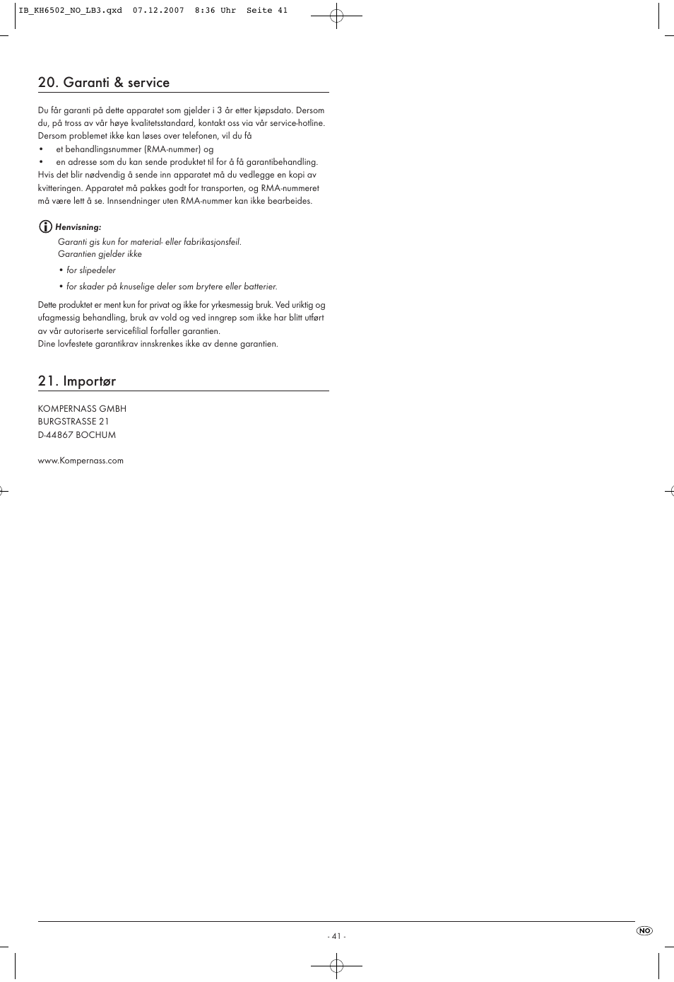 Garanti & service, Importør | Kompernass KH 6502 User Manual | Page 43 / 46