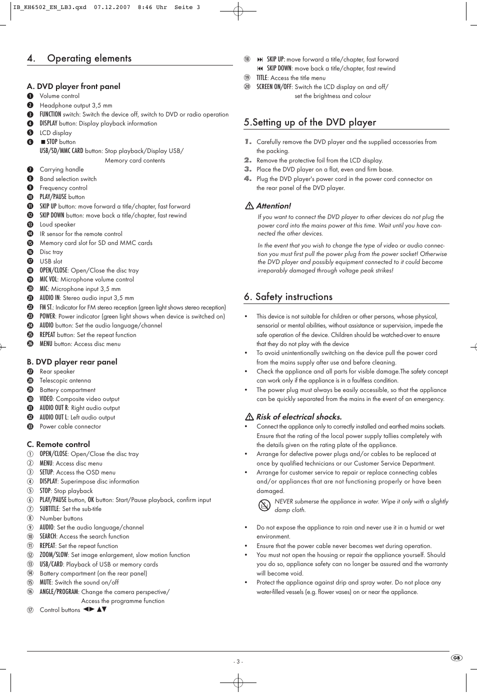 Operating elements, Setting up of the dvd player, Safety instructions | Kompernass KH 6502 User Manual | Page 5 / 46