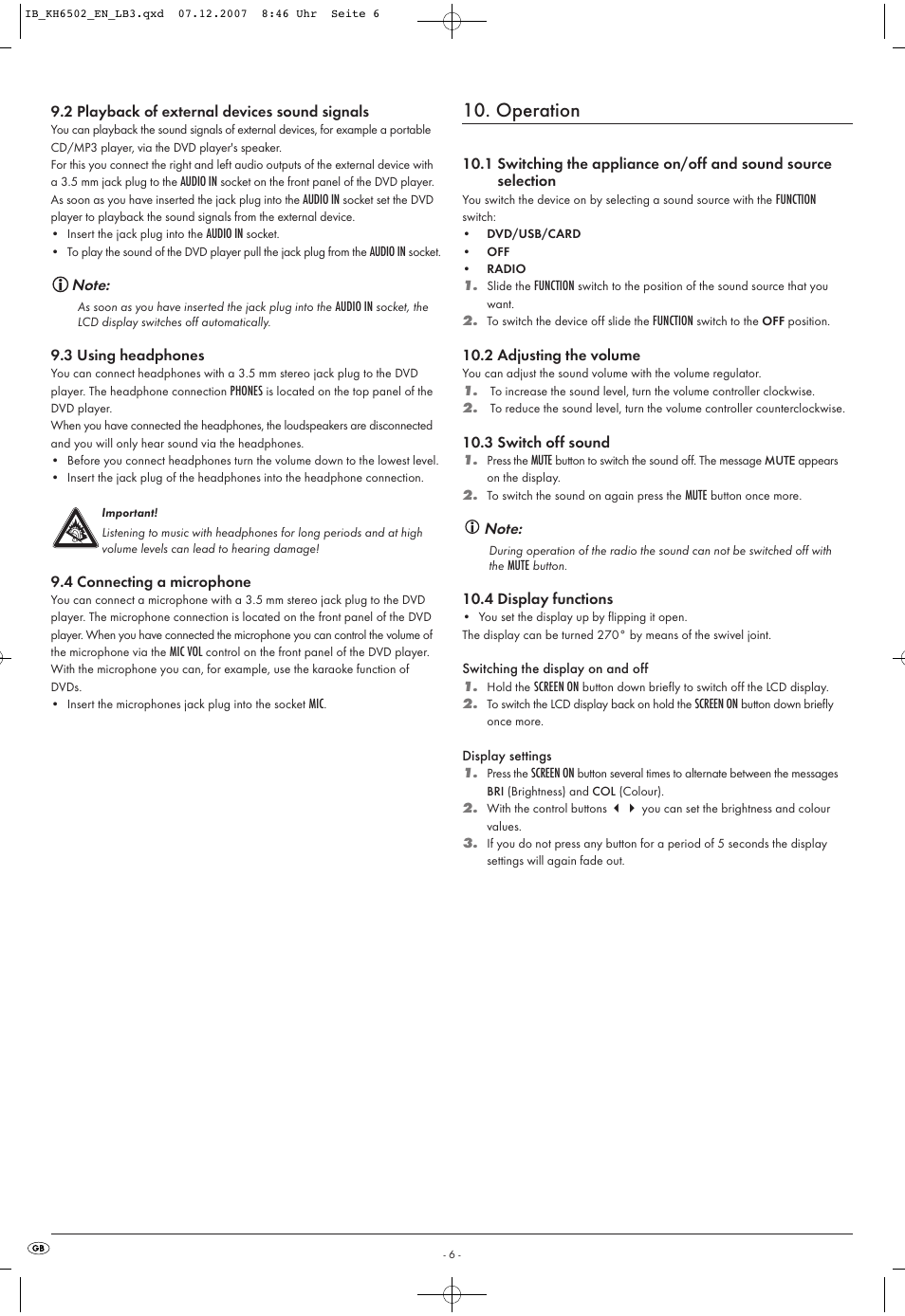 Operation | Kompernass KH 6502 User Manual | Page 8 / 46