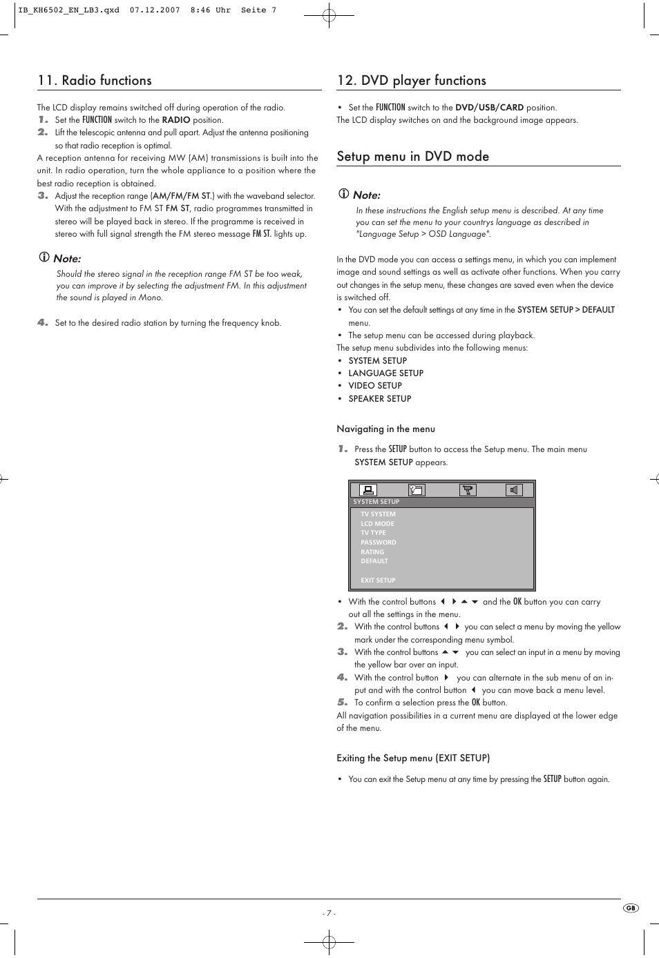 Radio functions, Dvd player functions, Setup menu in dvd mode | Kompernass KH 6502 User Manual | Page 9 / 46