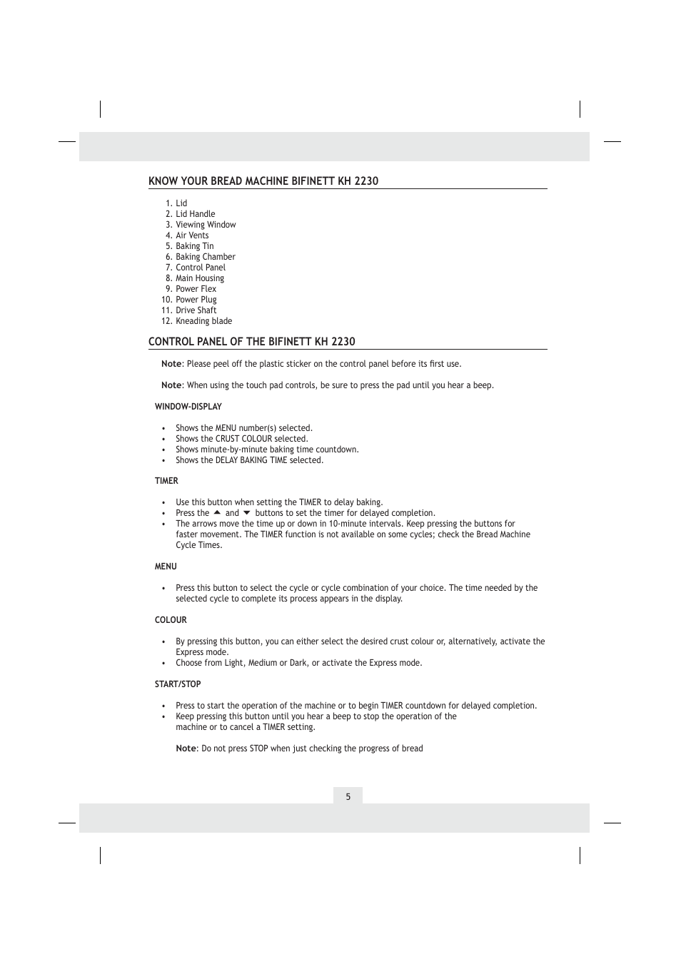 Know your bread machine bifinett kh 2230, Control panel of the bifinett kh 2230 | Kompernass kh 2230 User Manual | Page 6 / 19