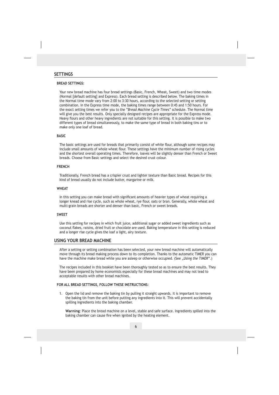 Settings, Using your bread machine | Kompernass kh 2230 User Manual | Page 7 / 19