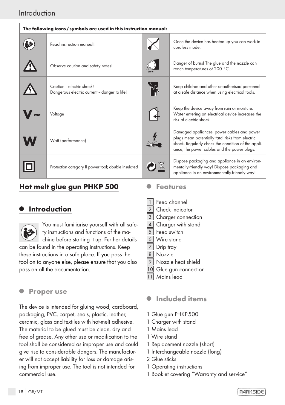 Introduction, Hot melt glue gun phkp 500, Proper use | Features, Included items | Kompernass KH 3119 User Manual | Page 16 / 26