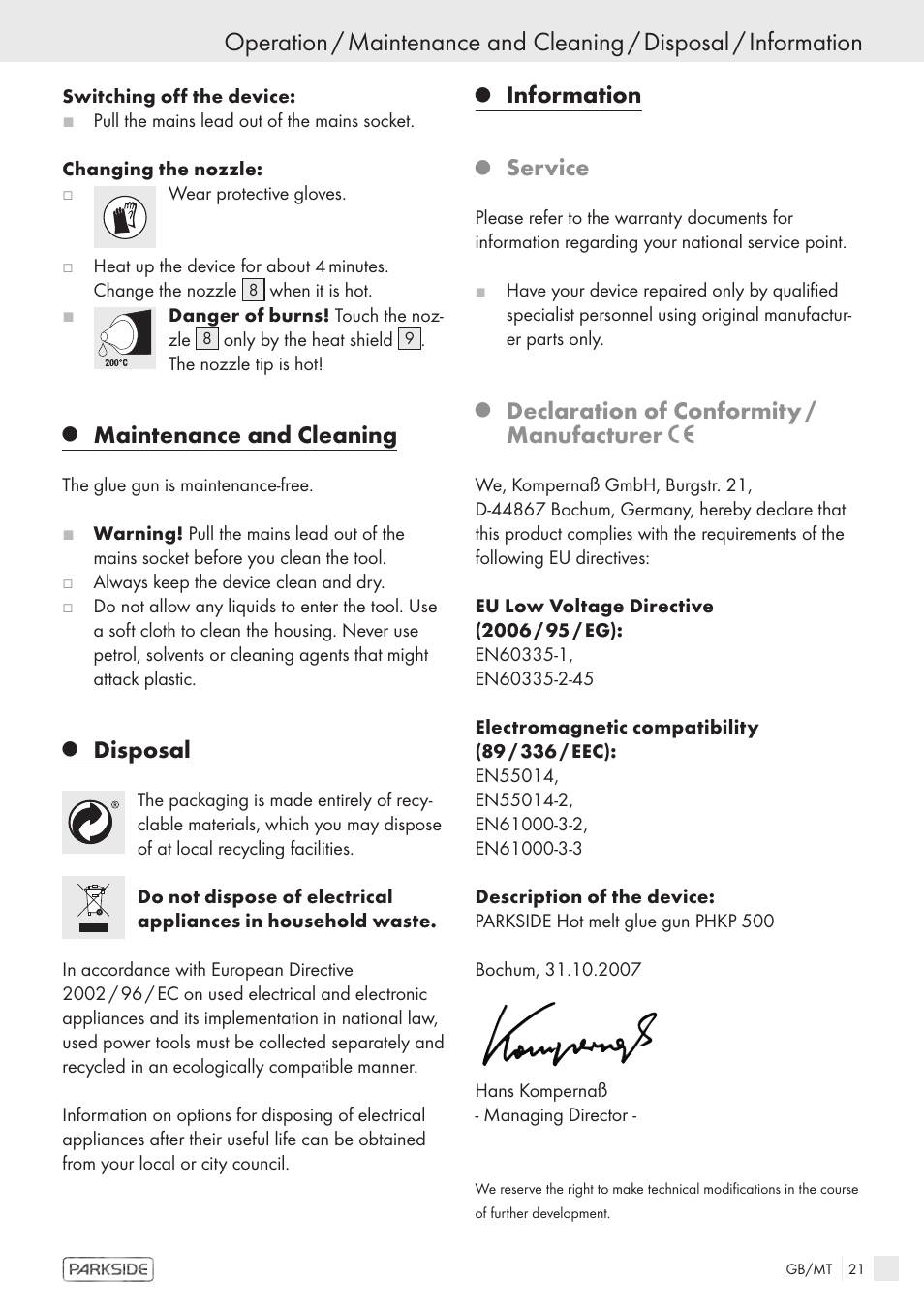 Maintenance and cleaning, Disposal, Information | Service, Declaration of conformity / manufacturer | Kompernass KH 3119 User Manual | Page 19 / 26
