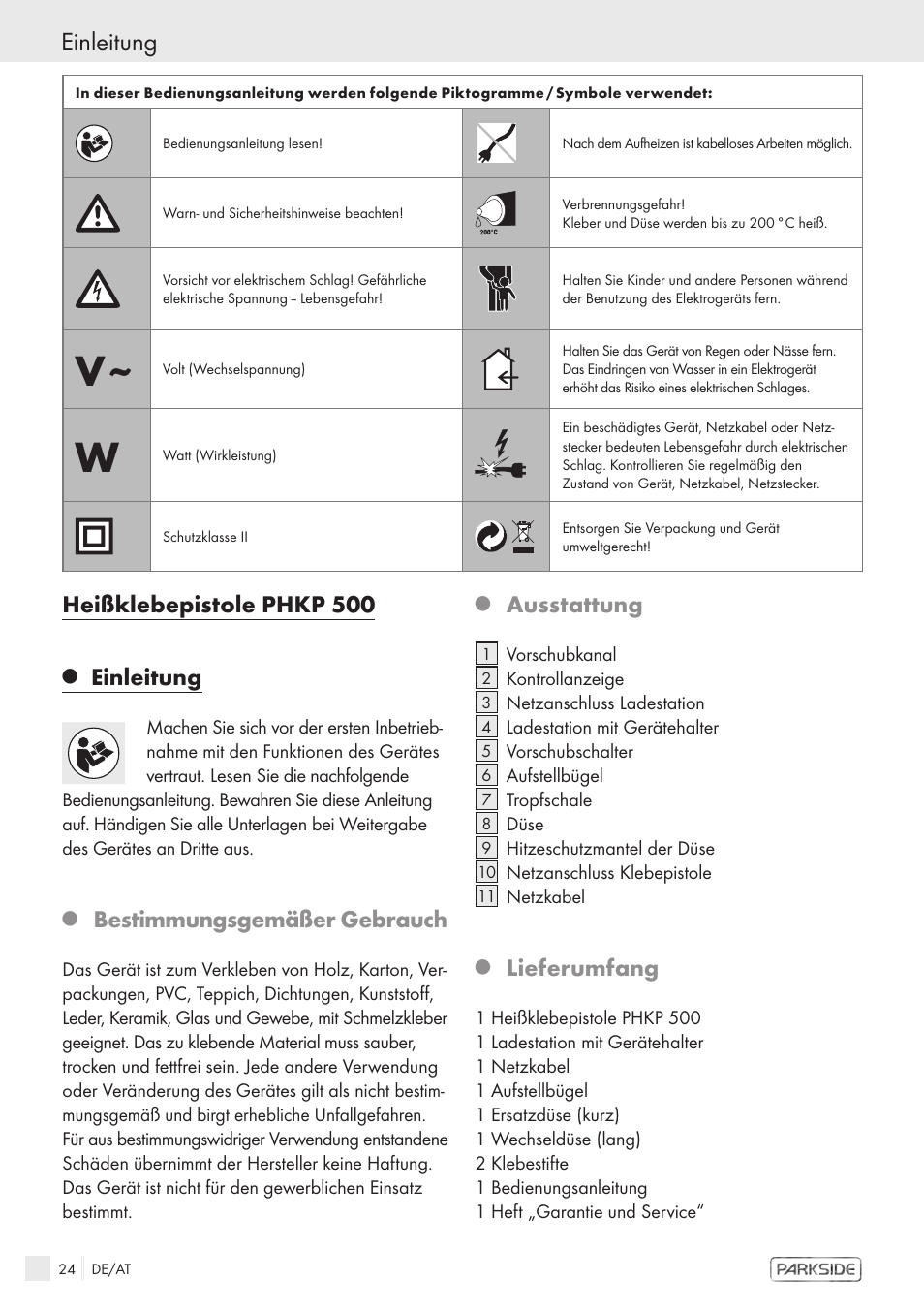 Einleitung, Heißklebepistole phkp 500, Bestimmungsgemäßer gebrauch | Ausstattung, Lieferumfang | Kompernass KH 3119 User Manual | Page 22 / 26