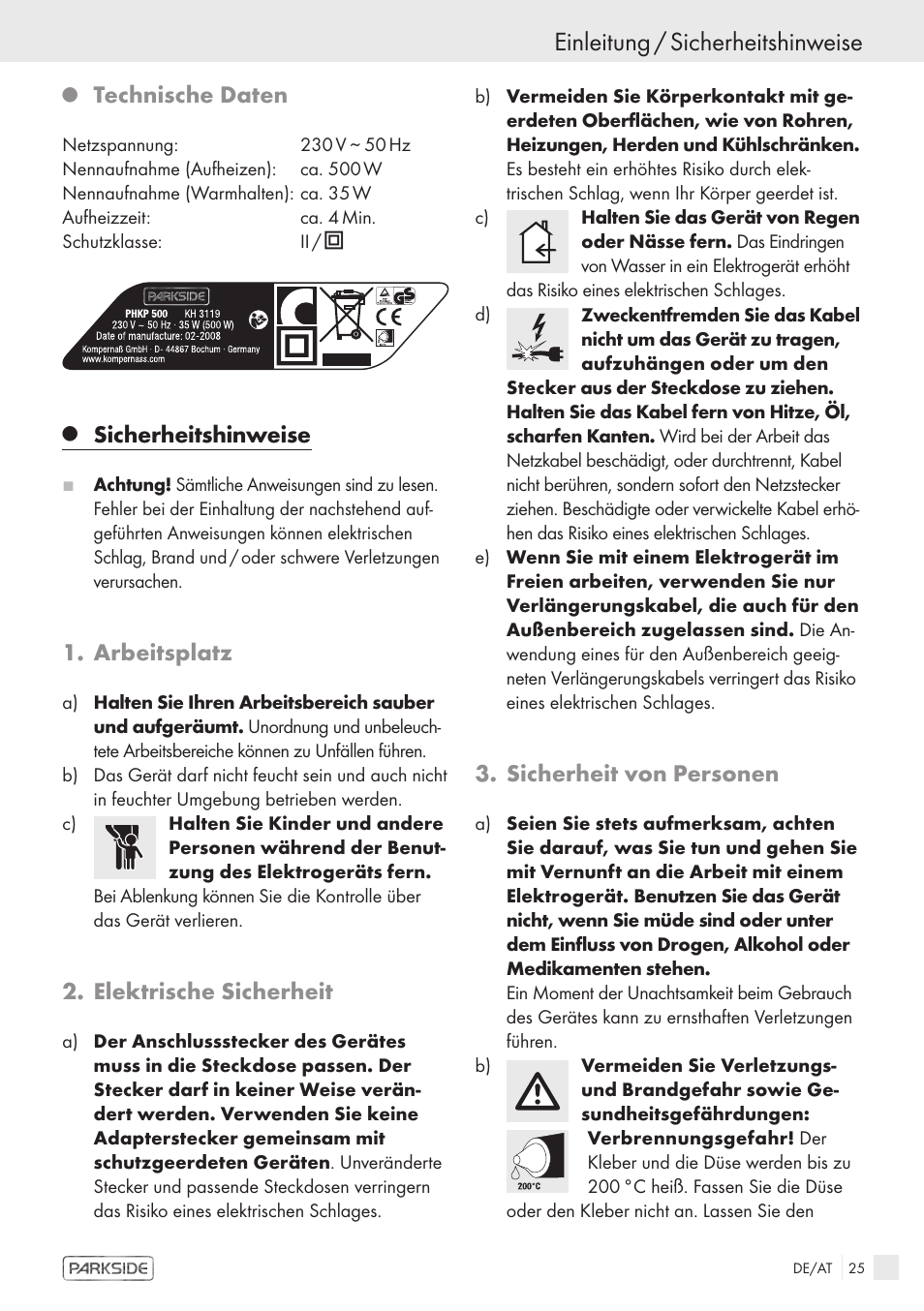 Einleitung / sicherheitshinweise, Technische daten, Sicherheitshinweise | Arbeitsplatz, Elektrische sicherheit, Sicherheit von personen | Kompernass KH 3119 User Manual | Page 23 / 26