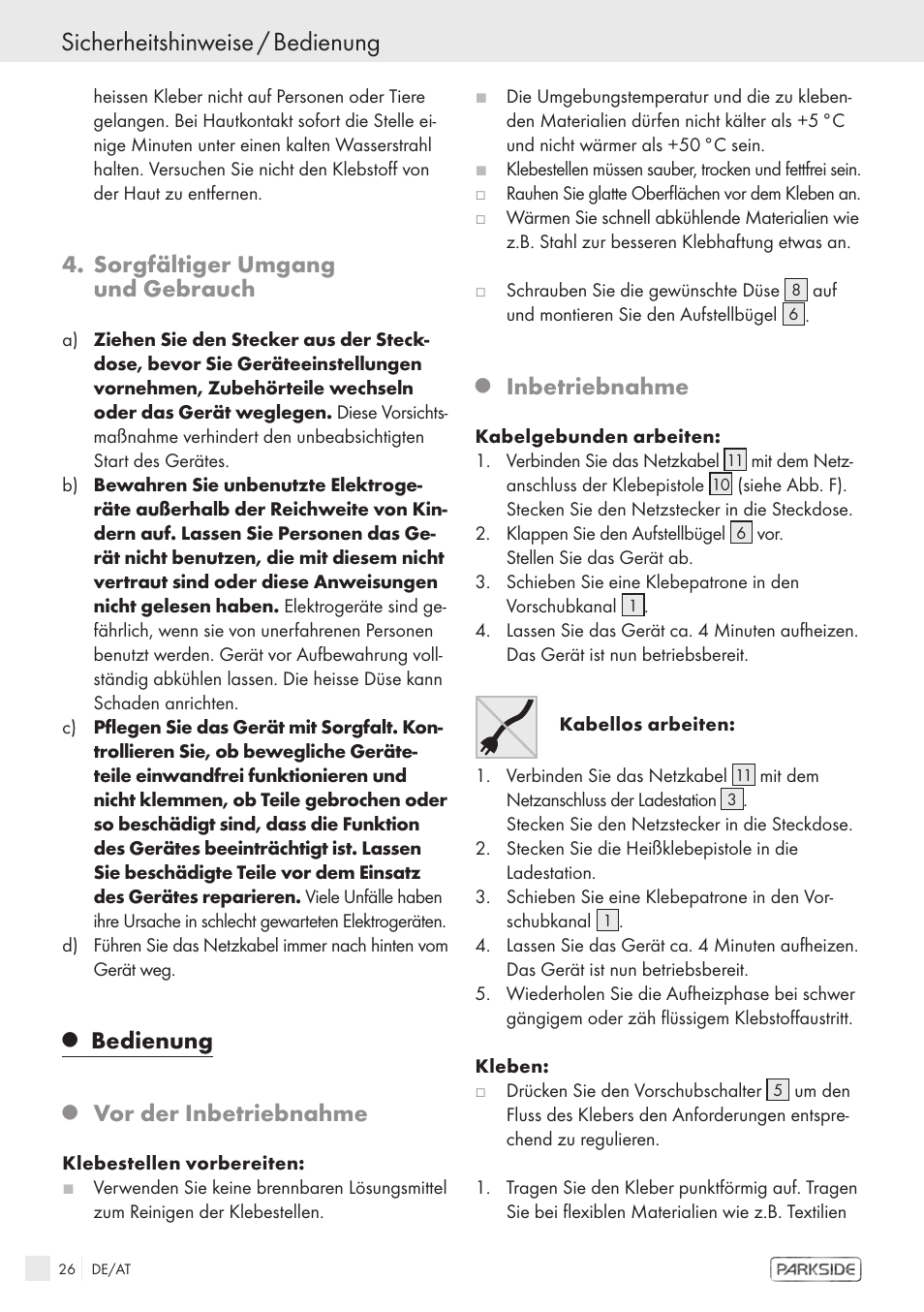 Sicherheitshinweise / bedienung, Sorgfältiger umgang und gebrauch, Bedienung | Vor der inbetriebnahme, Inbetriebnahme | Kompernass KH 3119 User Manual | Page 24 / 26