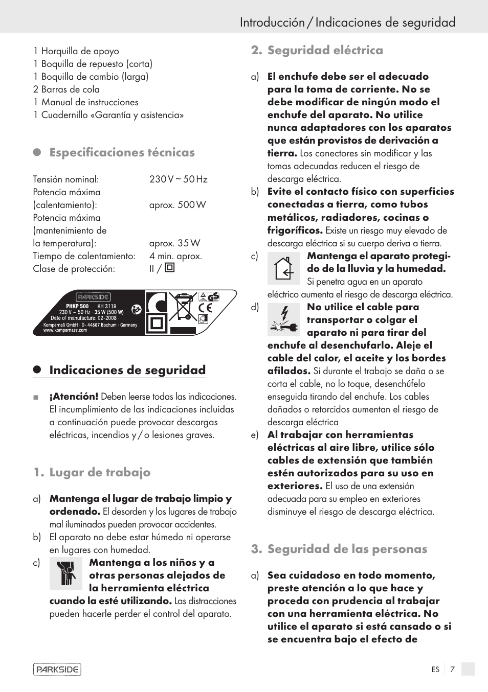Introducción / indicaciones de seguridad, Especificaciones técnicas, Indicaciones de seguridad | Lugar de trabajo, Seguridad eléctrica, Seguridad de las personas | Kompernass KH 3119 User Manual | Page 5 / 26