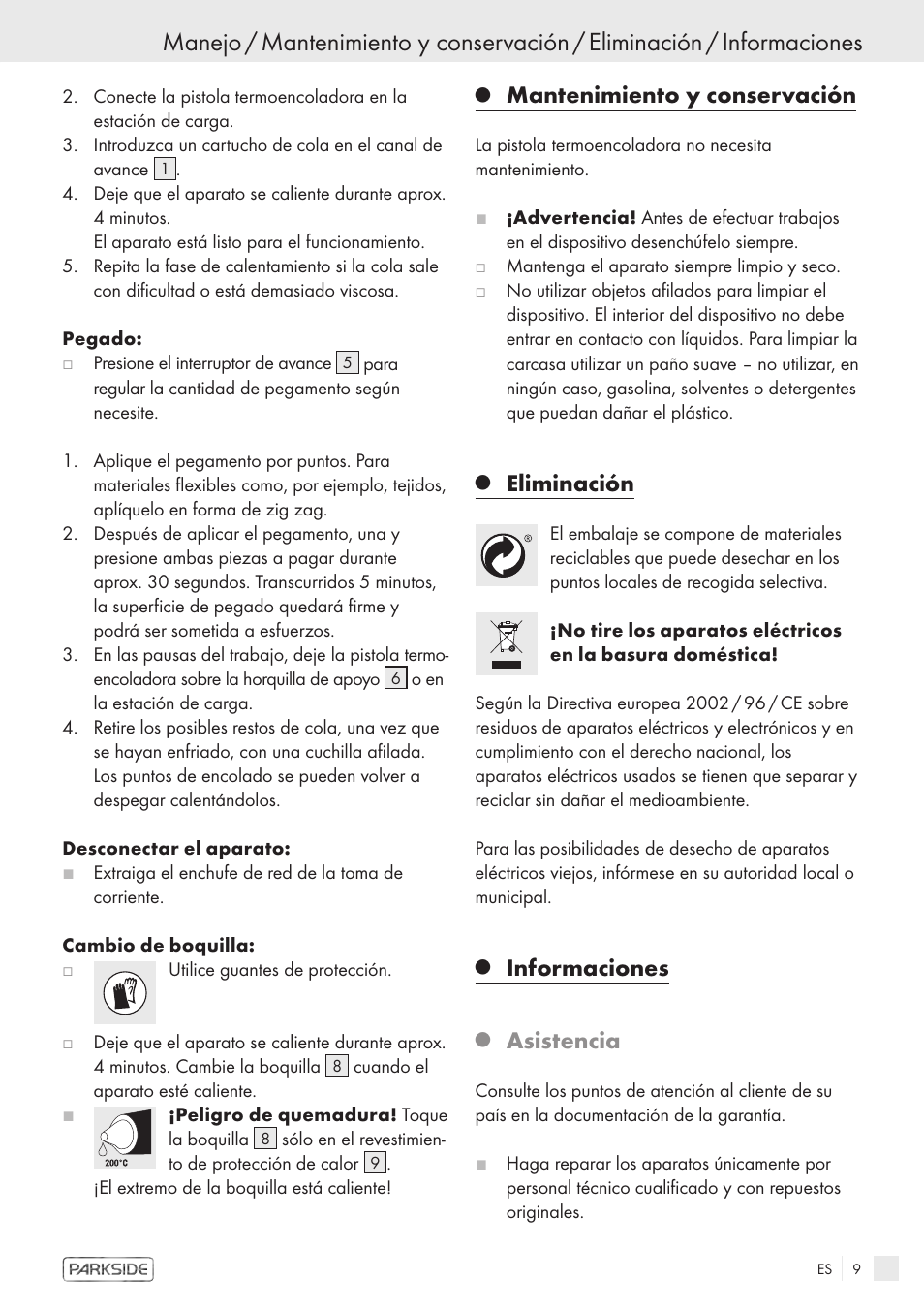 Mantenimiento y conservación, Eliminación, Informaciones | Asistencia | Kompernass KH 3119 User Manual | Page 7 / 26