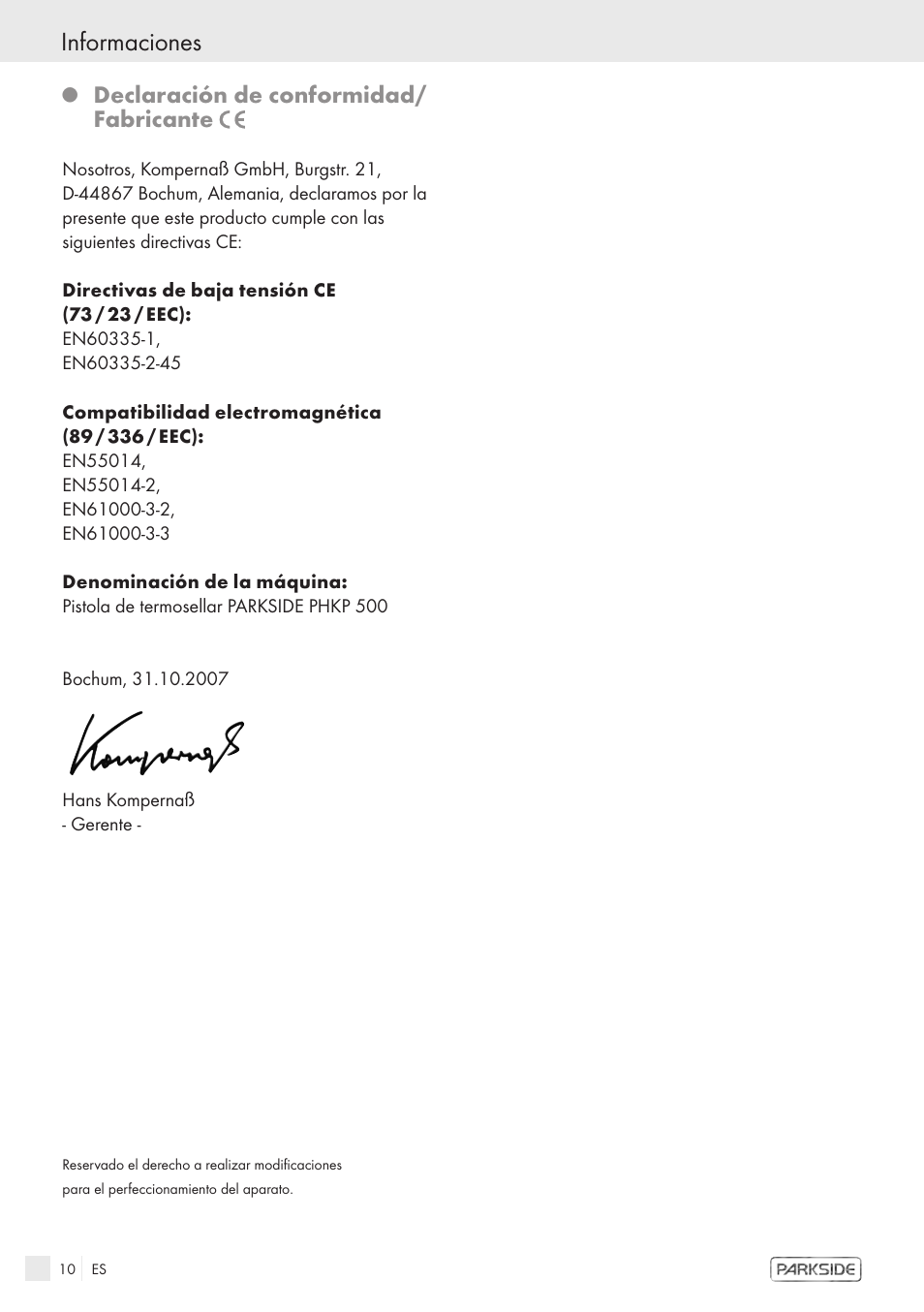 Informaciones, Declaración de conformidad/ fabricante | Kompernass KH 3119 User Manual | Page 8 / 26
