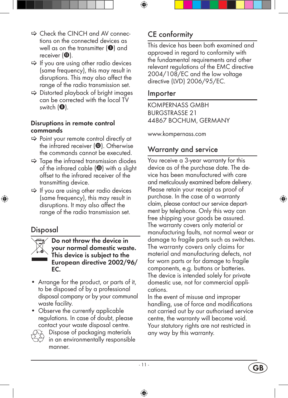 Disposal, Ce conformity, Importer | Warranty and service | Kompernass WELLTECH WT 40458 User Manual | Page 13 / 26