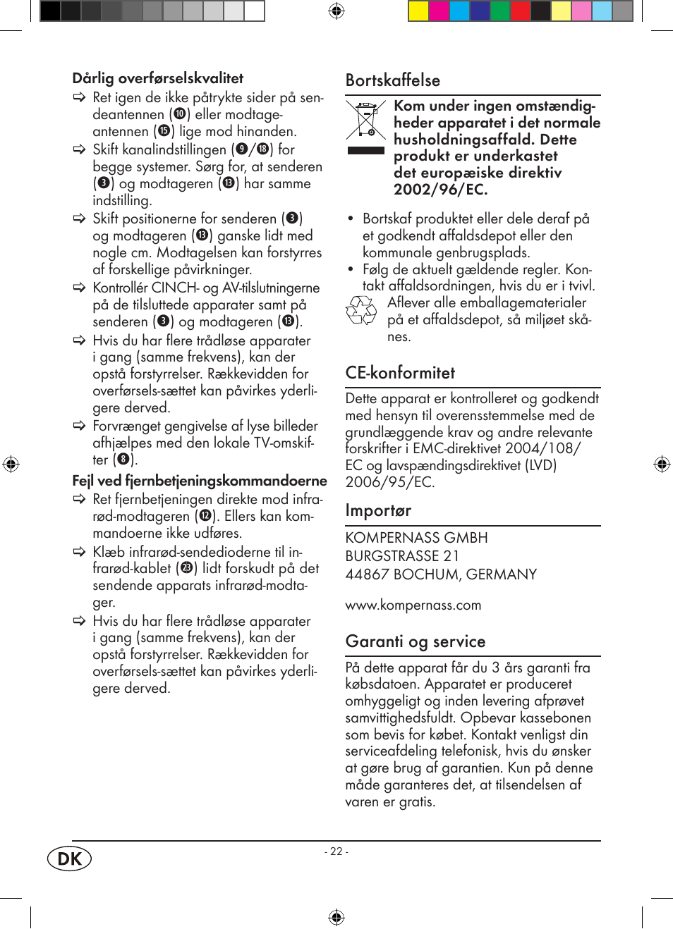 Bortskaffelse, Ce-konformitet, Importør | Garanti og service | Kompernass WELLTECH WT 40458 User Manual | Page 24 / 26
