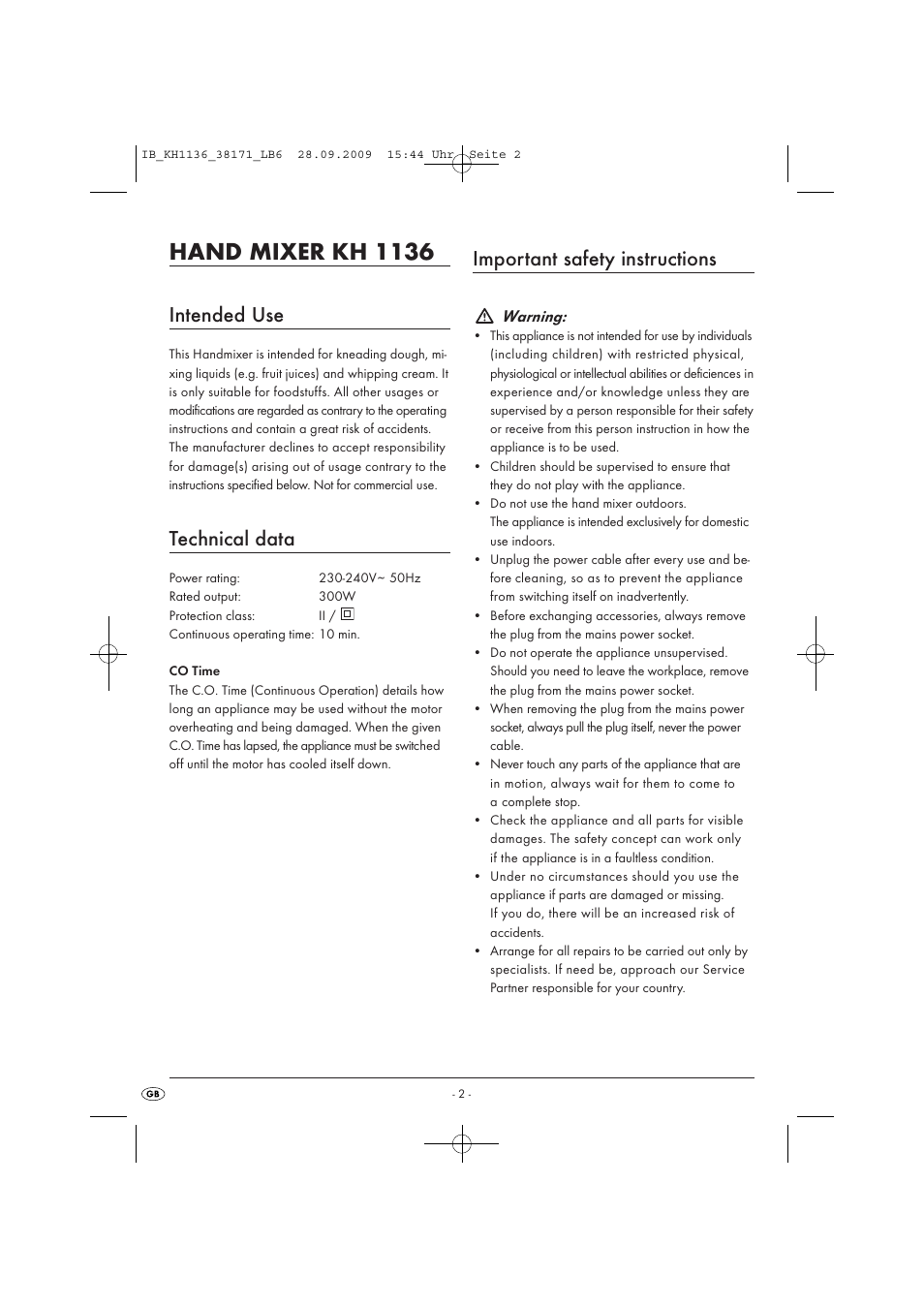 Hand mixer kh 1136, Intended use, Technical data | Important safety instructions | Kompernass KH 1136 User Manual | Page 4 / 7